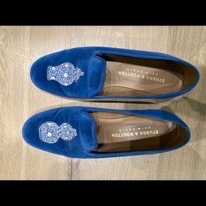 Stubbs & Whootton royal blue velvet slip on loafer with embroidery